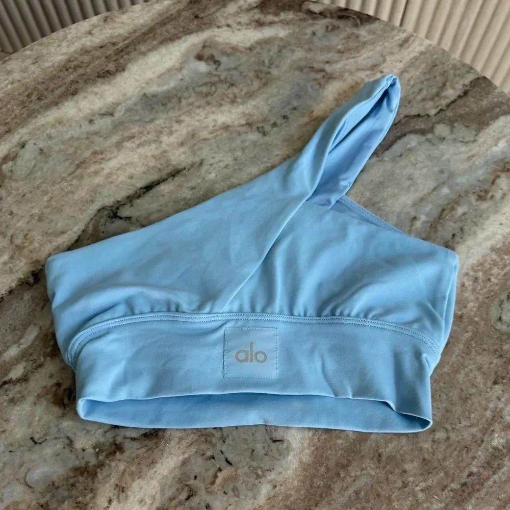 ALO Yoga baby blue one shoulder sports bra asymmetrical yoga top pilates XS